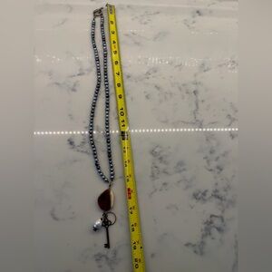 Long Pearl Necklace with Shell Pendant and Key Charm - Blue & Brown